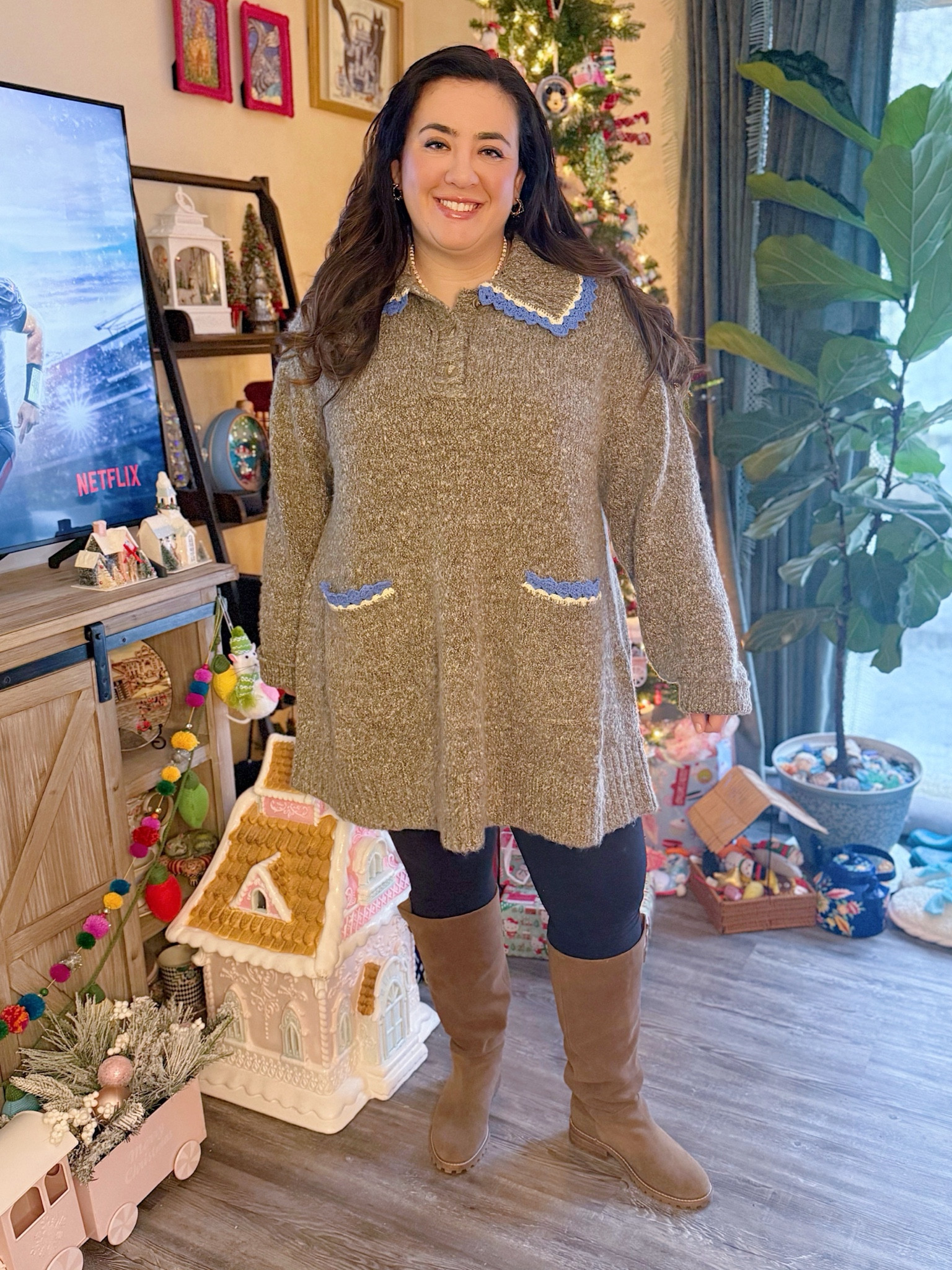 Peter Pan collar sweater dress, wide calf suede boots 👢 

#LTKShoeCrush #LTKMidsize #LTKSeasonal