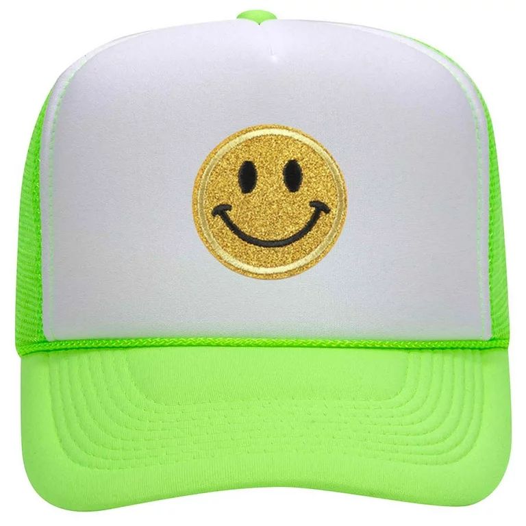 Yellow Glitter Smiley Face Neon 5 Panel High Crown Foam Mesh Trucker Hat - White Green - Walmart.... | Walmart (US)