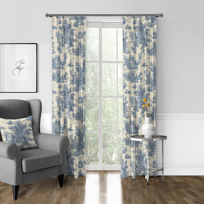Toile De Jouy 100% Cotton Toile Room Darkening Pinch Pleat Single Curtain Panel | Wayfair North America