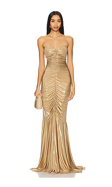 Norma Kamali Strapless Shirred Front Fishtail Gown in Gold Lame from Revolve.com | Revolve Clothing (Global)