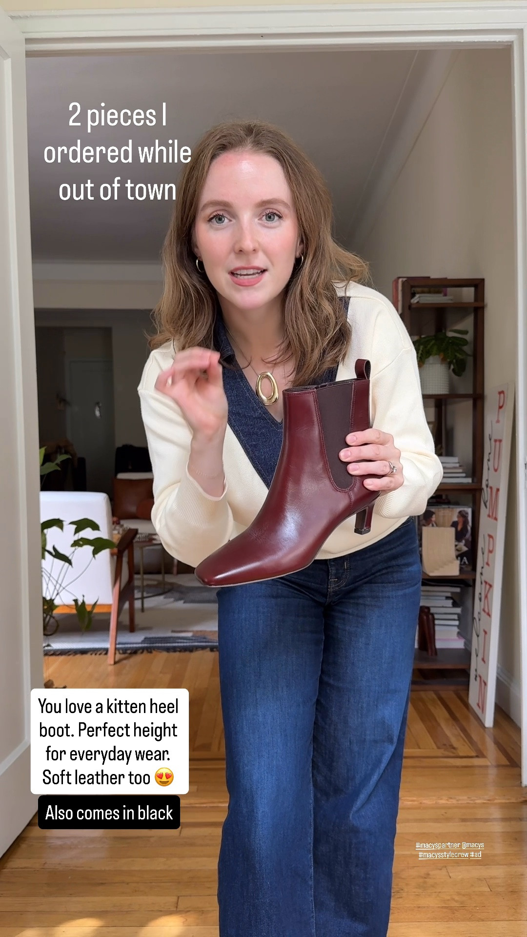 Kitten heel leather boots for fall. So excited about these! Color is spiced pecan. Also come in black. Sweater size xs #macyspartner #macysstylecrew #ad @macys