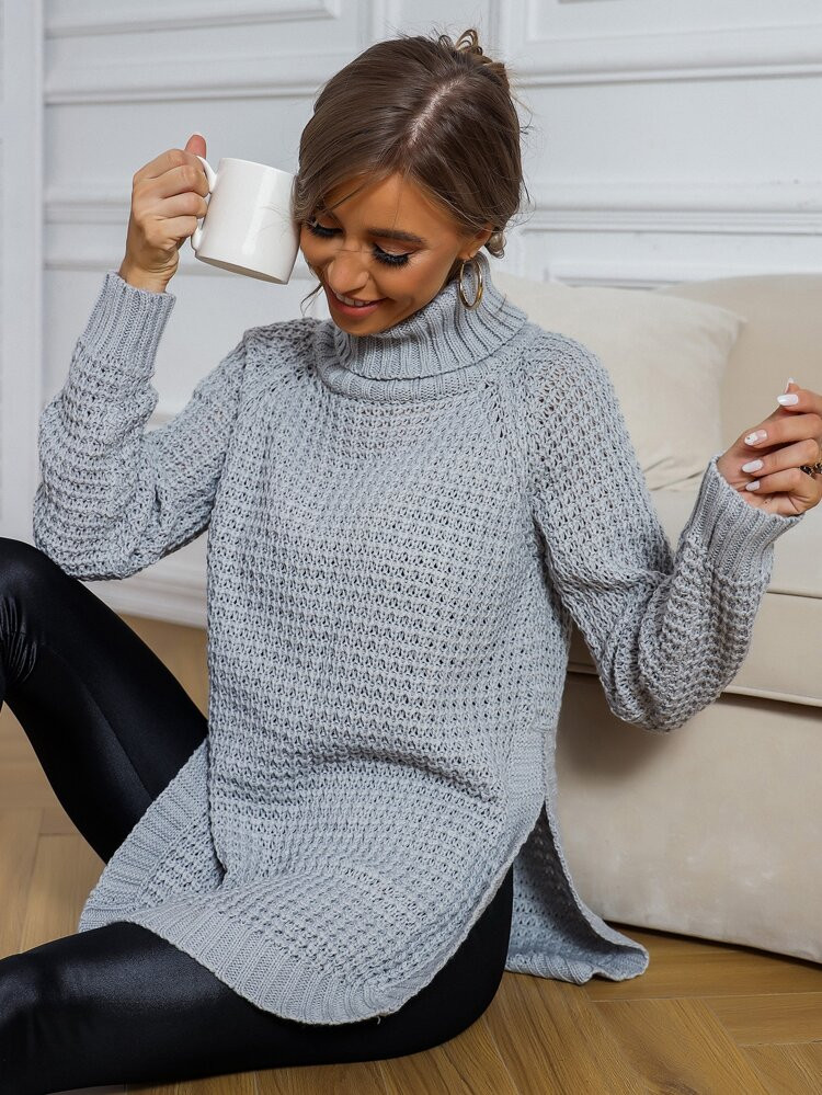 Turtleneck Slit Hem Sweater | SHEIN