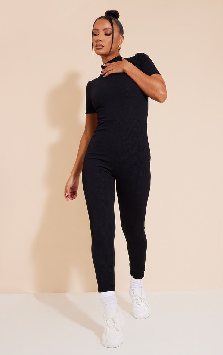 Black Crinkle Rib High Neck Short Sleeve Jumpsuit | PrettyLittleThing US