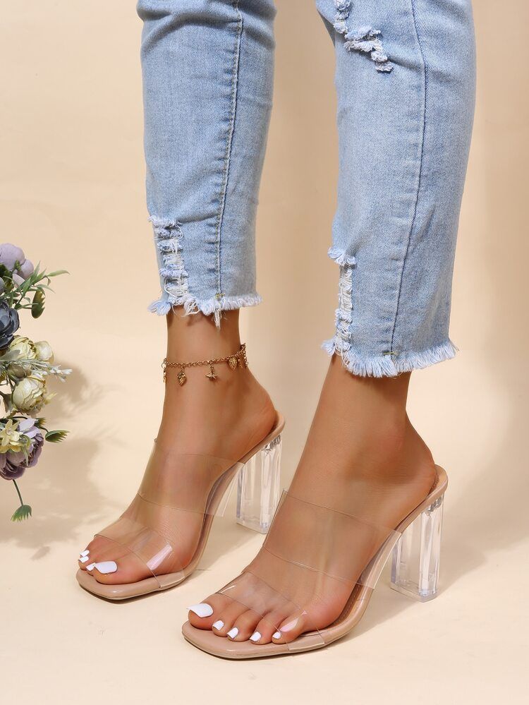 Clear Strap Chunky Heeled Mule Sandals | SHEIN