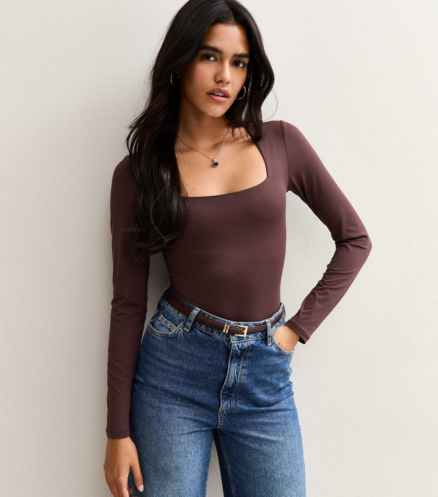 Burgundy Slinky Square Neck Long Sleeve Bodysuit | New Look | New Look (UK)