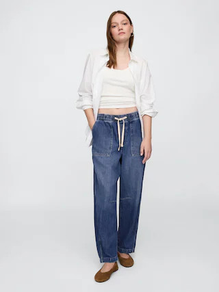 Mid Rise SuperSoft Pull-On Barrel Jeans | Gap Factory