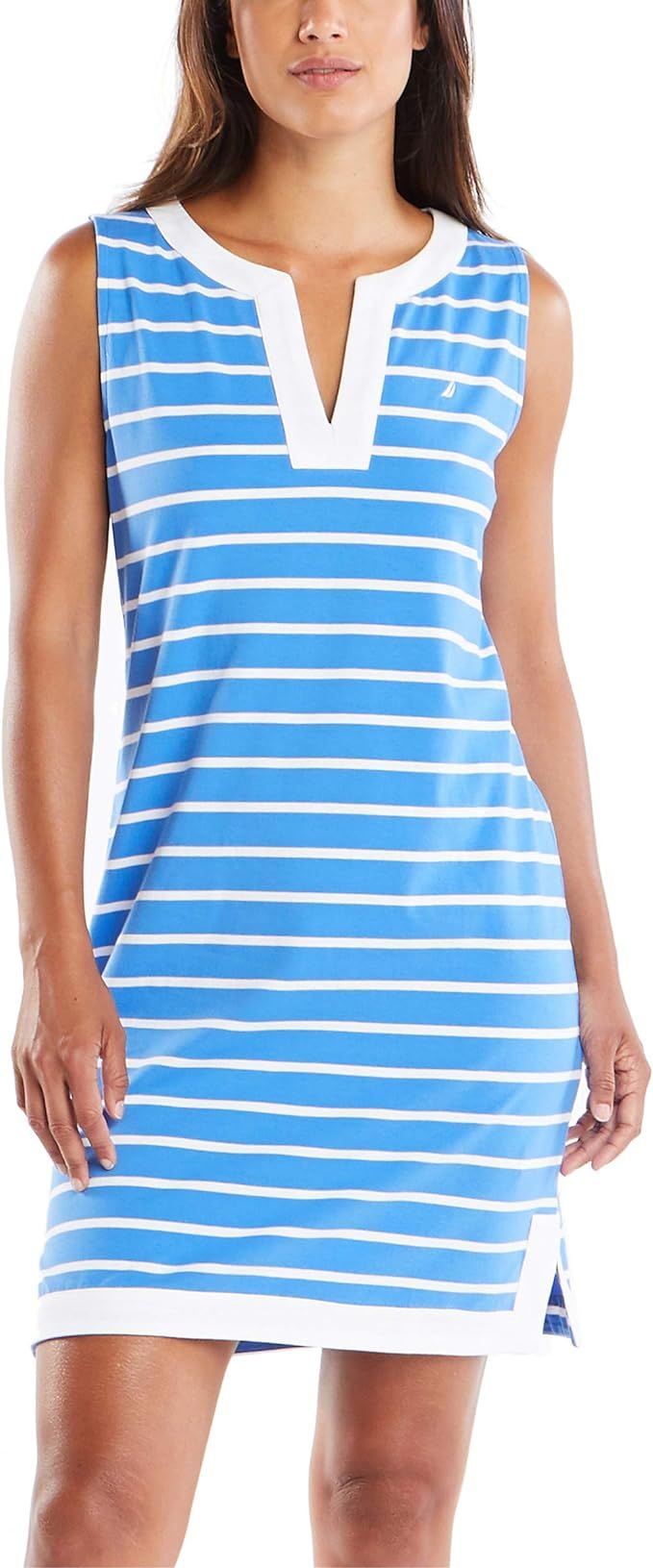 Nautica Women's Breton Stripes Sleeveless V-Neck Stretch Cotton Polo Dress | Amazon (US)