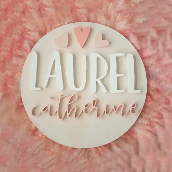 24" 3D Name Round Sign, Wood Nursery Name Sign with Hearts, Nursery Decor, Girls Nursery, Pink Nurse | Etsy (US)