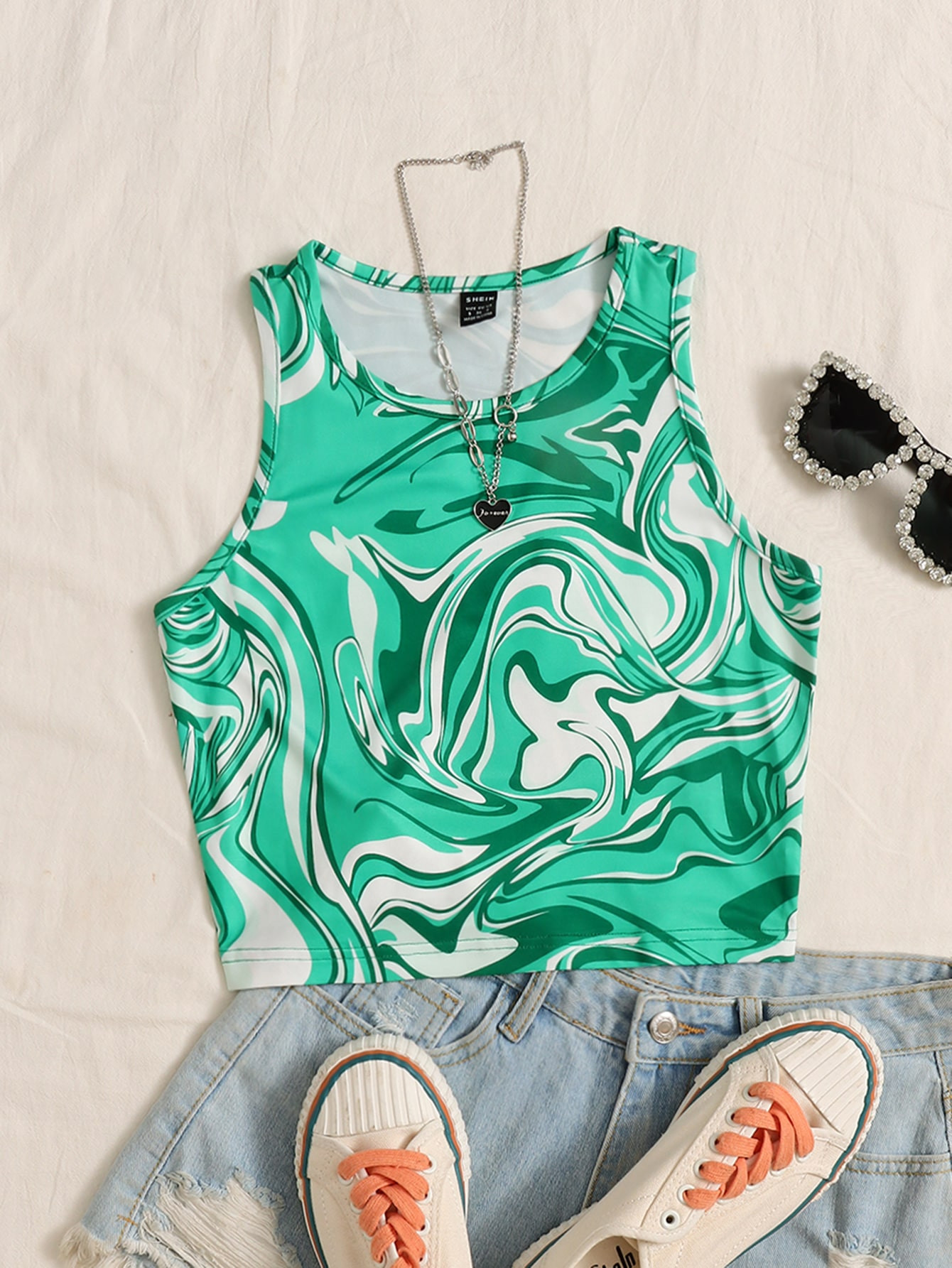 SHEIN ICON 90s Dopamine Dressing Marble Print Crop Tank Top | SHEIN