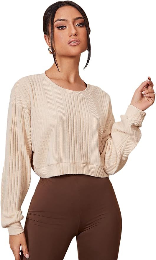 SheIn Women's Casual Long Sleeve Round Neck Sweatshirt Rib Knit Solid Crop Tops | Amazon (US)