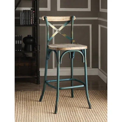 Vintage Antique Turquoise And Oak Bar Stool - Comfortable High Feature, Solid Four-Legged Base With Footrest, Attractive For Dining Room Cross Back Op | Wayfair North America