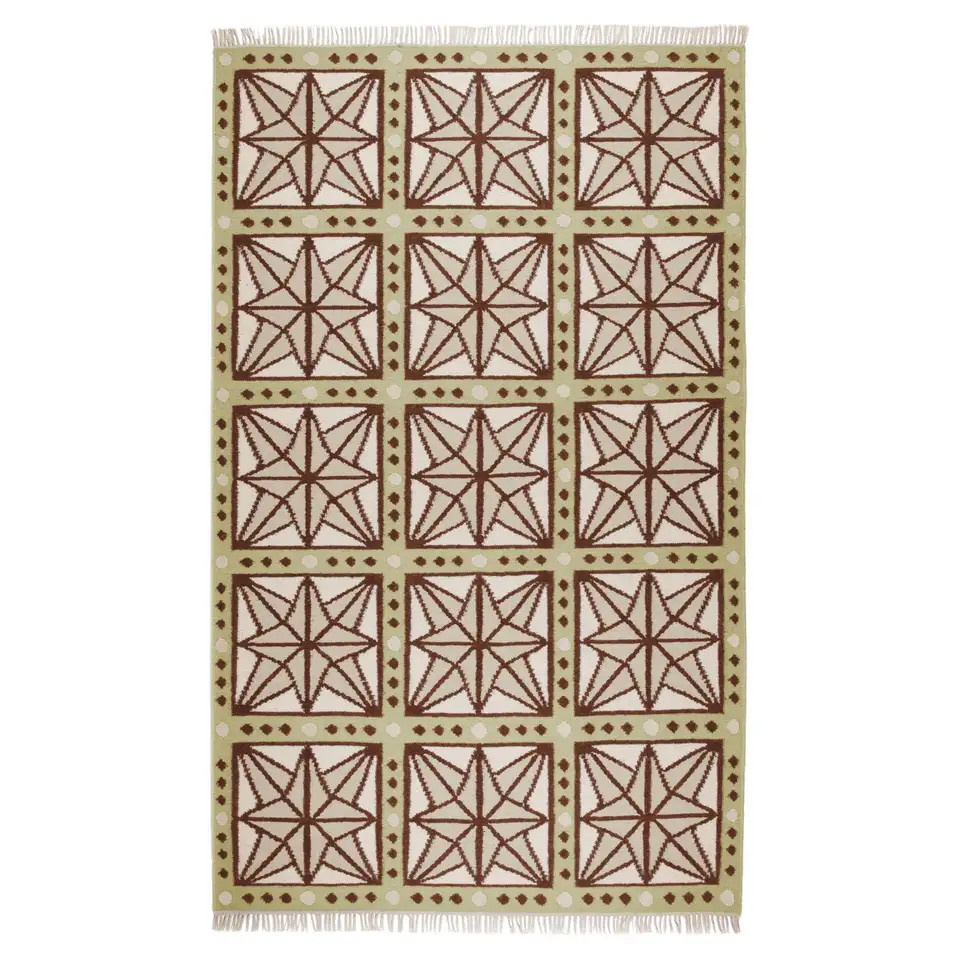 Handwoven Wool Star Rug, 8' x 10', Celadon, Chocolate, Sage and Eggshell | 1stDibs