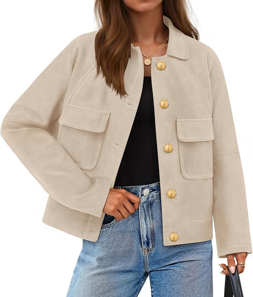 ZESICA Womens 2026 Spring Faux Suede Cropped Jackets Coats Casual Button Down Barn Vintage Trendy... | Amazon (US)
