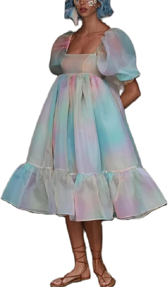 Womens Puff Sleeve Tulle Dress Princess Mini Dress Square Neck Bubble Sleeve Mesh Ruffle Dress fo... | Amazon (US)