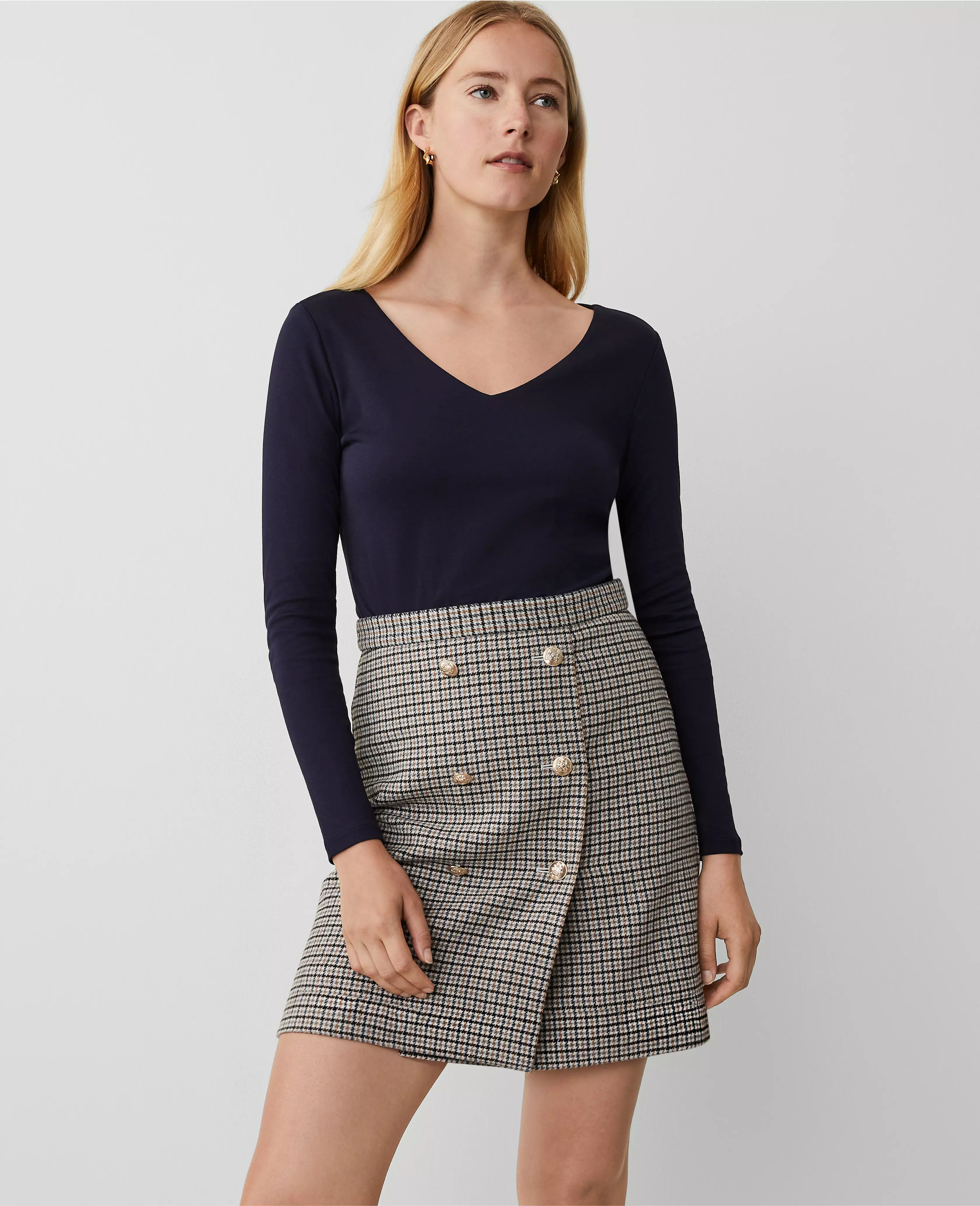 Petite Brushed Check Button Wrap A-Line Skirt | Ann Taylor