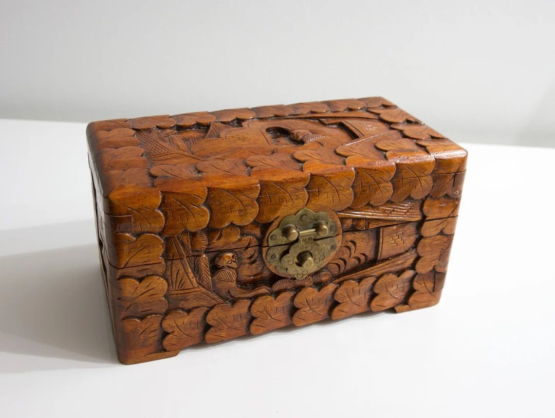 Vintage asian, storage box, high relief carvings, hand made, man, leaf motifs, landscape, boat, m... | Etsy (US)