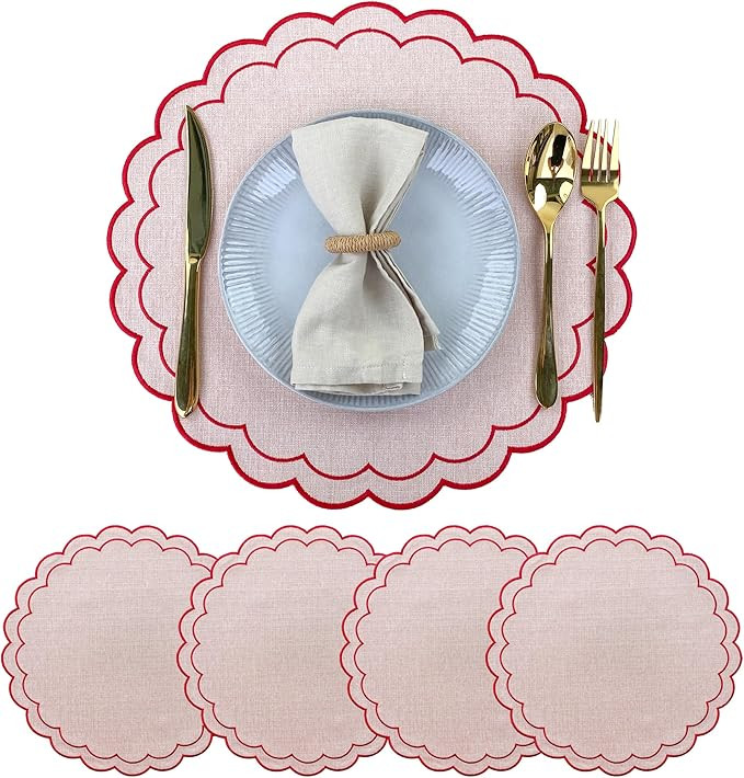 Amazon.com: Lyssiatina Linen Cotton Placemats Set of 4 Scalloped Flower Embroidery Place Mats 15'... | Amazon (US)