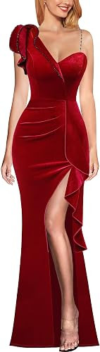 VFSHOW Womens Formal Prom Elegant Ruffle One Shoulder Beaded Strap Ruched Slit Maxi Dress Wedding... | Amazon (US)