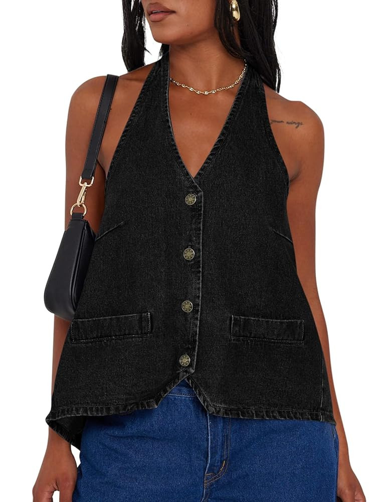 Tankaneo Womens Halter Denim Vest Tops Summer Open Back Y2K Going Out Tank Tops V Neck Button Dow... | Amazon (US)