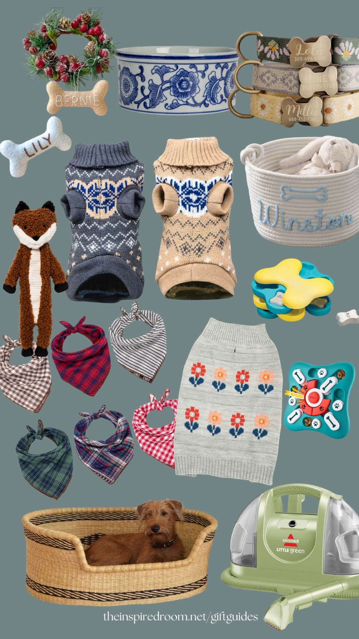 Gift guide for pets - dogs and cats! Sweaters, toy basket with embroidered name, puzzle toys our dogs love, fox toy, patterned bandanas we have, dog bed basket we have, carpet and upholstery cleaner (we use this so much with a new puppy…saves the day!) , blue and white chinoiserie dog bowl, embroidered ornament, collars 

#LTKGiftGuide #LTKHoliday #LTKCyberWeek