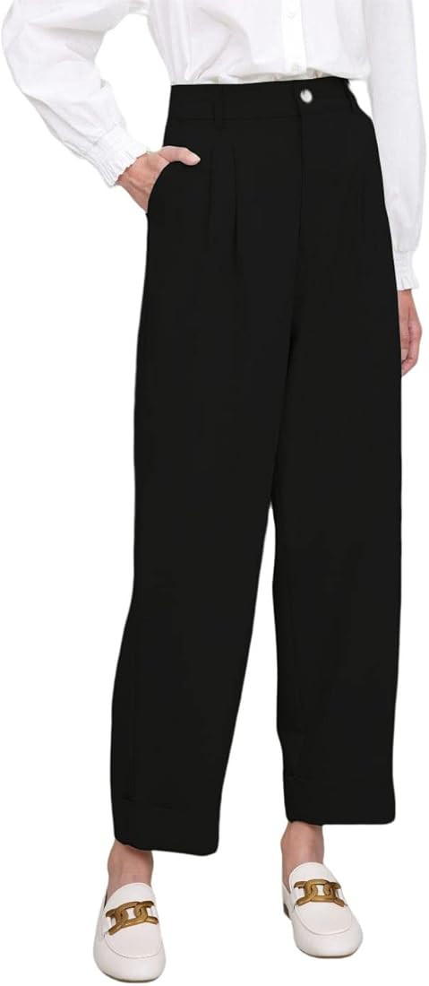 ASSUAL Women's Straight Leg Dress Pants, Relaxed Fit Business Casual Trousers with Pockets | Amazon (US)