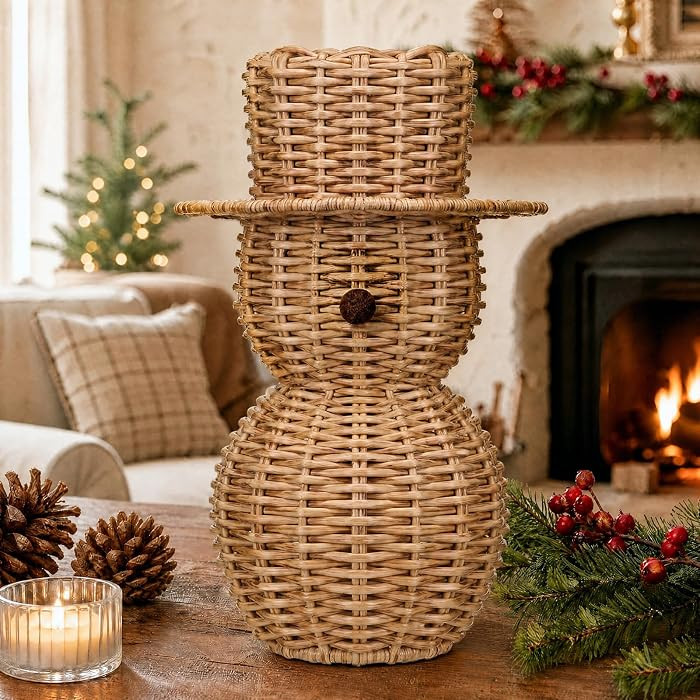 12" Natural Rattan Snowman Table Decor Farmhouse Woven with Hat | Amazon (US)