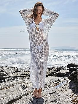 Leoparts Women's Knitted Swimsuit Cover Up 3D Floral Hollow Out Open Back Tie-Up Maxi Dress Beach... | Amazon (US)