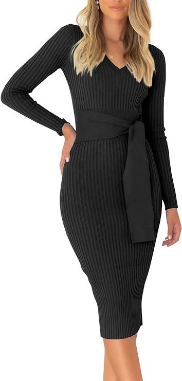 Looks Cute Womens Elegant V Neck Long Sleeve Dress Bodycon Ribbed Knit Tie Waist Midi Sweater Dre... | Amazon (CA)