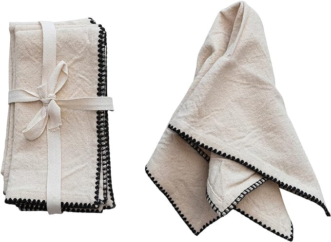 Creative Co-Op Modern Farmhouse Square Cotton Embroidered Trim, Natural and Black Napkin, Ivory | Amazon (US)