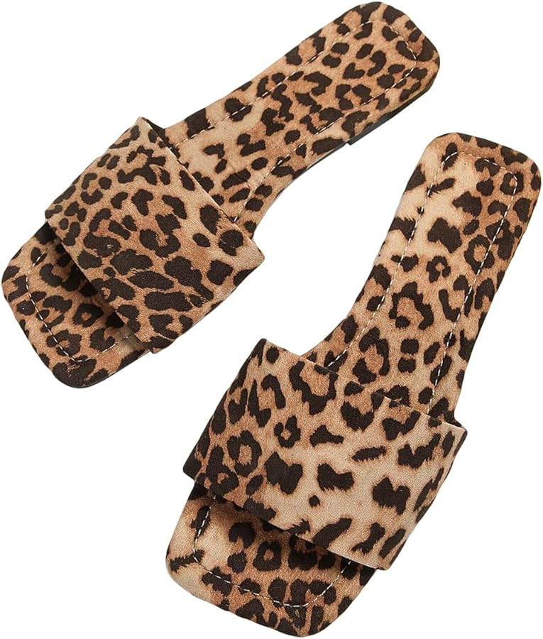GORGLITTER Women's Leopard Flat Sandals Cheetah Animal Print Slides Square Open Toe Slip on Sanda... | Amazon (US)