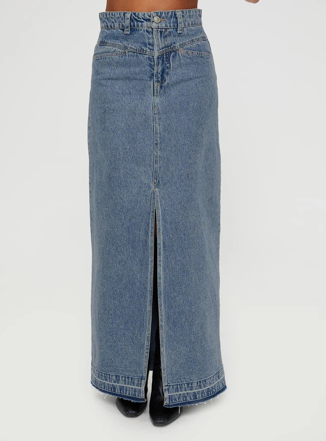 Deneuve Denim Maxi Skirt Mid Wash | Princess Polly US