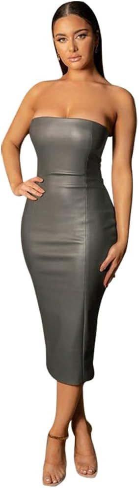 XLLAIS Women Sexy Strapless Tube Top Club Midi Dress Off Shoulder Bodycon Party Faux Leather Dres... | Amazon (US)