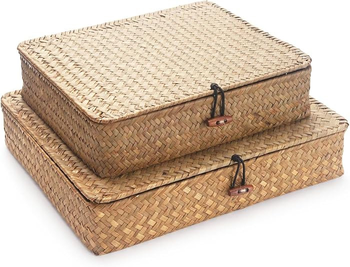 Seagrass Storage Baskets with Lid, Flat Wicker Basket, Shallow Woven Basket for Shelf, Decorative... | Amazon (US)
