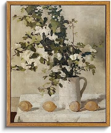 VIYYIEA Vintage Framed Canvas Wall Art, Kitchen Art Decor, Flowers and Lemons Pictures Painting, ... | Amazon (US)