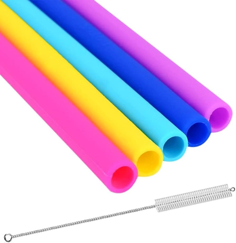 Wide Reusable Silicone Straws 10" Long Set of 5 | Free Cleaning Brush | Amazon (US)