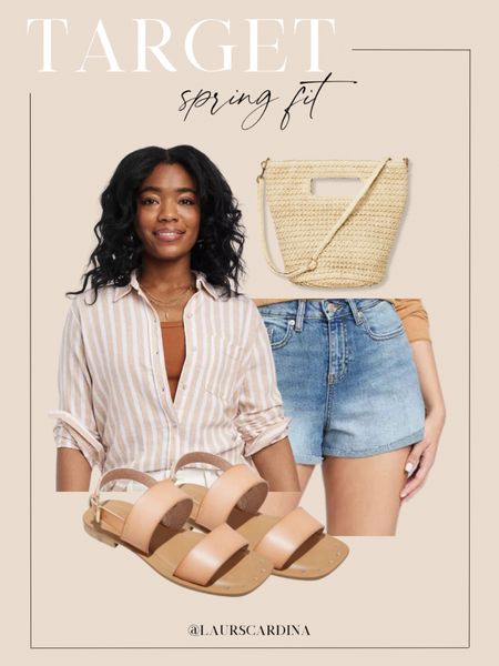 This spring fit from Target includes a striped button up blouse, denim shorts, a straw handbag, and tans sandals. 

Ootd, spring outfit, summer outfit, casual style, Target style 

#LTKfindsunder50 #LTKstyletip #LTKshoecrush