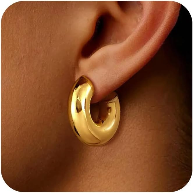 Chunky Gold Hoop Earrings for Women, Chunky 14K Gold Plated Thick Hoop Earrings Hypoallergenic Lightweight Trendy Waterdrop Teardrop Twisted Earrings Triple Hoops Jewelry Gift Prom Valentine | Amazon (US)