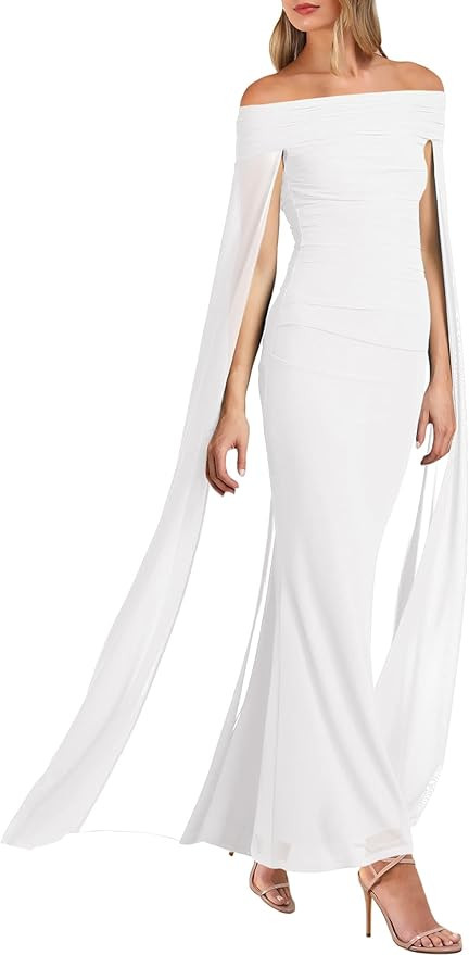 HESUUIO Elegant Off The Shoulder Dress Womens Formal Wedding Guest Cape Overlay Long Flowy Evenin... | Amazon (US)