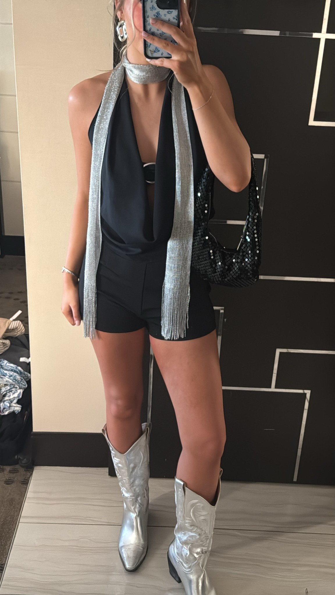 The CUTEST concert / night out outfit. I felt like Hannah Montana wearing this lol. It was perfect for my Vegas girls trip! And Im so happy these scarfs are trendy right now! 🪩🪩

#LTKFindsUnder50 #LTKFestival #LTKStyleTip