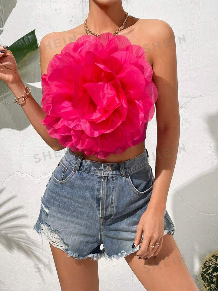 SHEIN BAE Women Strapless Floral 3D Holiday Fashion Top | SHEIN