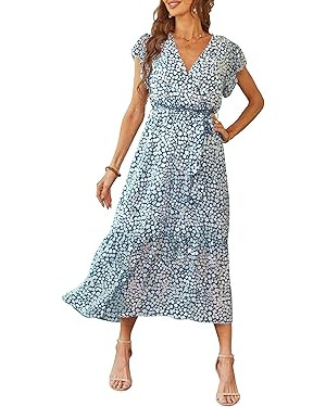 PRETTYGARDEN Women's Summer Floral Boho Dress Wrap V Neck Short Sleeve Ruffle A-Line Flowy Maxi W... | Amazon (US)