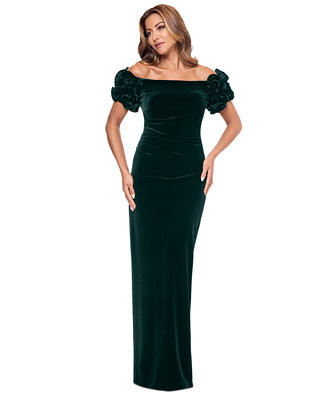 XSCAPE Women's Off-The-Shoulder Ruffled Velvet Gown - Macy's | Macy's