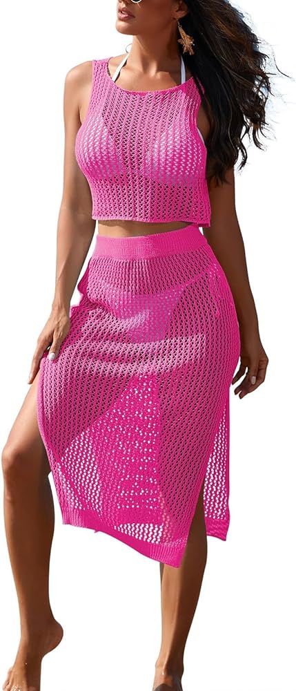 HUUSA Women's 2 Piece Crochet Swimsuit Coverups Hollow Out Bikini Bathing Suit Cover Up Swimwear ... | Amazon (US)