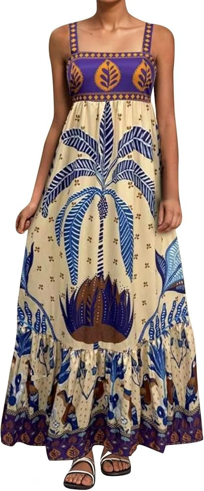 Floral Sundresses for Women 2025 Sleeveless Spaghetti Strap Flowy Swing Aline Beach Dress Boho Ho... | Amazon (US)