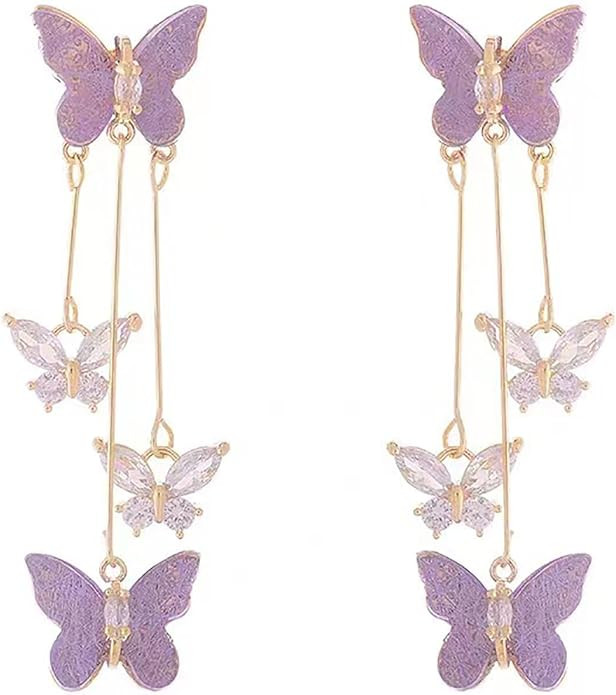 Purple Butterfly Tassel Earrings for Women Crystal Rhinestone Drop Earrings Animal Drop Dangle Ch... | Amazon (US)