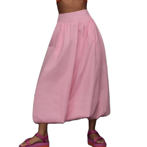 PDLCVD Summer Y2k Bubble Maxi Skirt for Women Casual Elastic Waist A Line Long SkirtRuffle Midi Skirt Sundress Pink | Amazon (US)