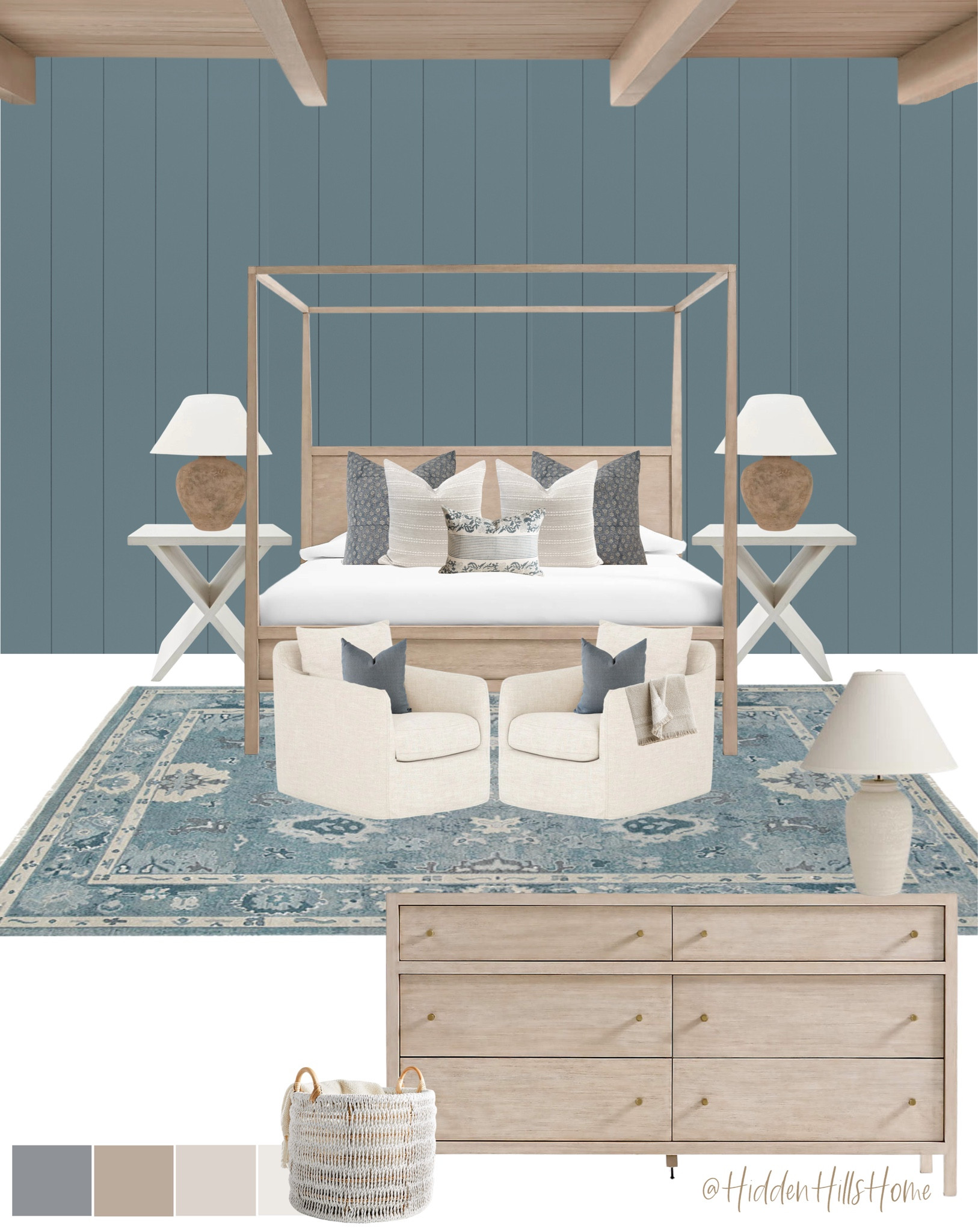 Coastal bedroom decor ideas, canopy bed, primary bedroom mood board, home decor, master bedroom decor ideas, home inspo, beach house bedroom #bedroom 

Wall color is SW Blustery Sky 

#LTKhome #LTKsalealert #LTKstyletip