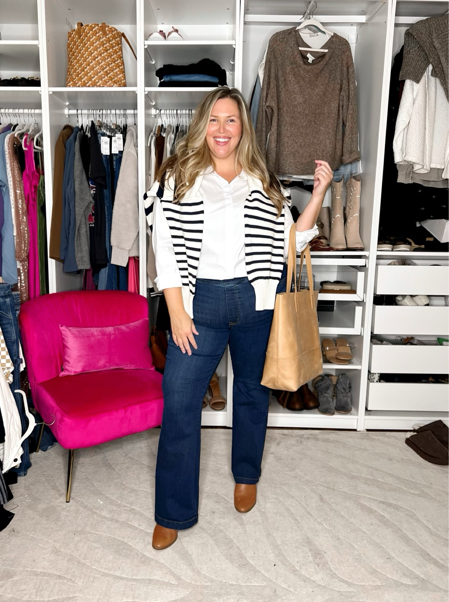 Day 3/5 of Plus Size Business Casual Workwear — Wearing a pair of SPANX jeans 2X - these run on the smaller side so if unsure, then size up! These Spanx jeans are comfortable and work appropriate, available in sizes XS-3X (use code ASHLEYDXSPANX to save some cash on full price items!) The white button up is SPANX in a 2X - linked some other options as well! Added this cute Madewell striped fisherman sweater to add detail and texture to this look and I LOVE how it pulls it all together! Sweater runs true to size - I have the 2X. Madewell shoes - linked some similar as well! The tote is from ABLE. 

#LTKSeasonal #LTKworkwear #LTKcurves