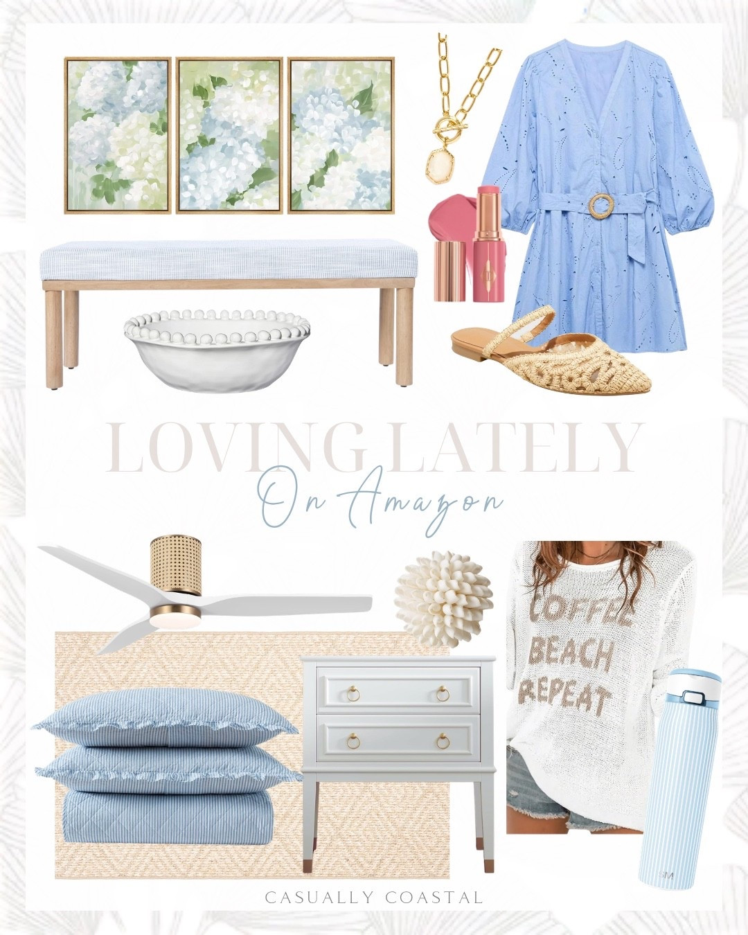 Loving Lately on Amazon 

Amazon home decor, coastal home, coastal decor, Amazon rug, coastal rug, coastal dress, Amazon dressx Amazon pillows, Amazon wall art, coastal wall art, Amazon mules, mesh mules, framed canvas wall art, hydrangea art, Amazon beach cover up, simple modern water bottle, striped water bottle, V neck embroidered dress, blue dress, ceiling fan, blue pinstripe bench, coastal bench, neutral rug, area rug, accent rug, 3x5 rug, beige rug, beaded ceramic bowl, coastal bedding, Amazon bedding, blue and white bedding, nightstand with charging station, charlotte tilbury unreal healthy glow blush stick, Kendra Scott link and chain necklace, gold necklace, seashell sphere 

#LTKHome #LTKSaleAlert
