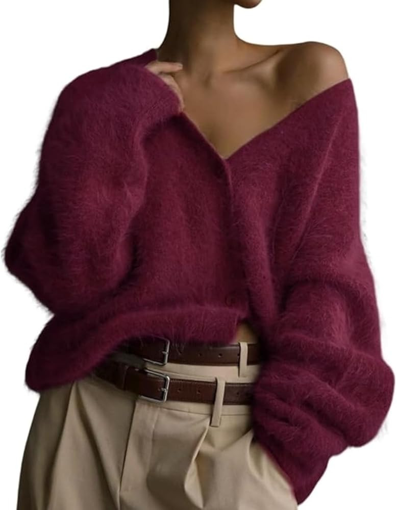 Womens Fuzzy Sweaters Cardigan V-Neck Button Down Oversized Mohair Sweater Casual Y2k 2026 Fall W... | Amazon (US)